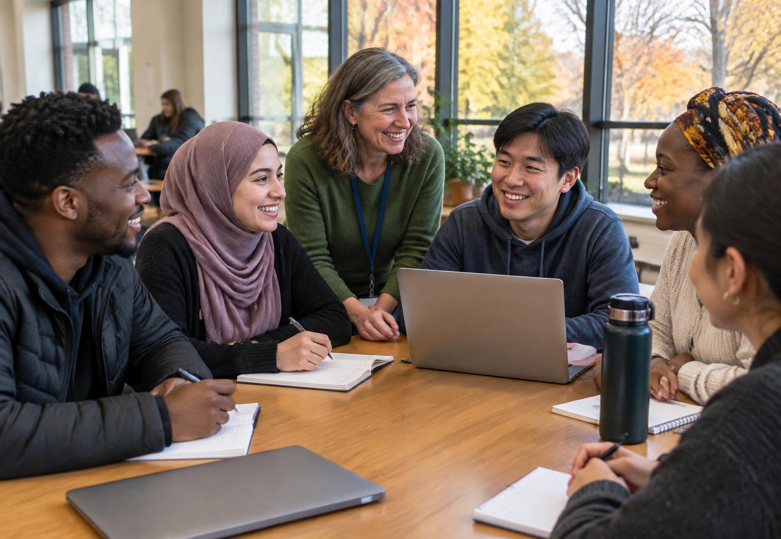 Newcomers and a volunteer working together at a community table
